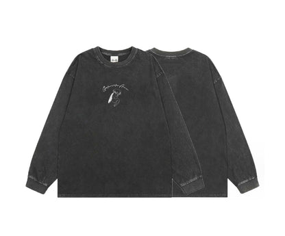 Vintage Distressed Long-Sleeved T-Shirt Loose Wash embroidered logo